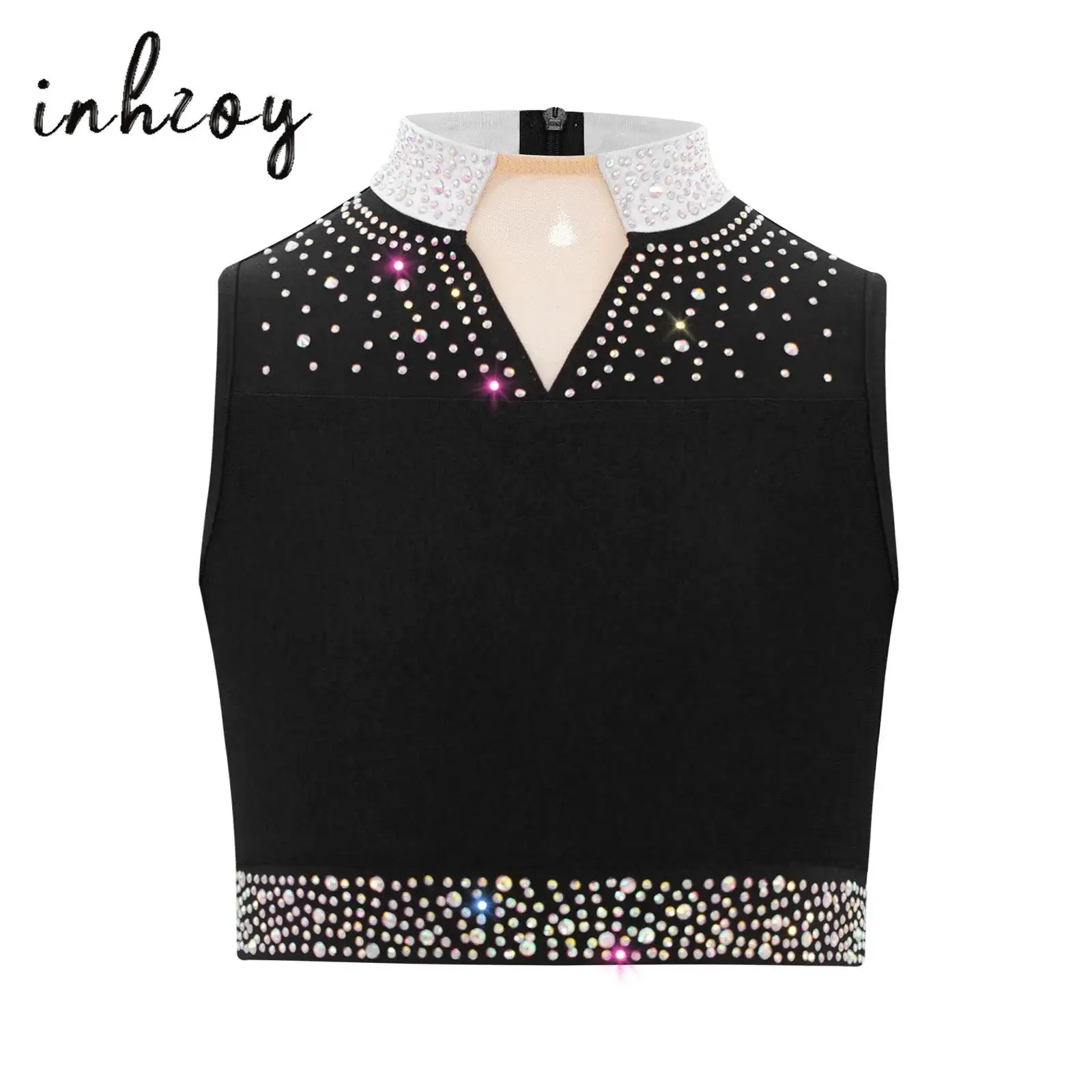 

Kids Girls Jazz Ballet Dance Top Glittery Rhinestones Sleeveless Crop Top Vest Gymnastics Figure Skating Peeformance Dancewear