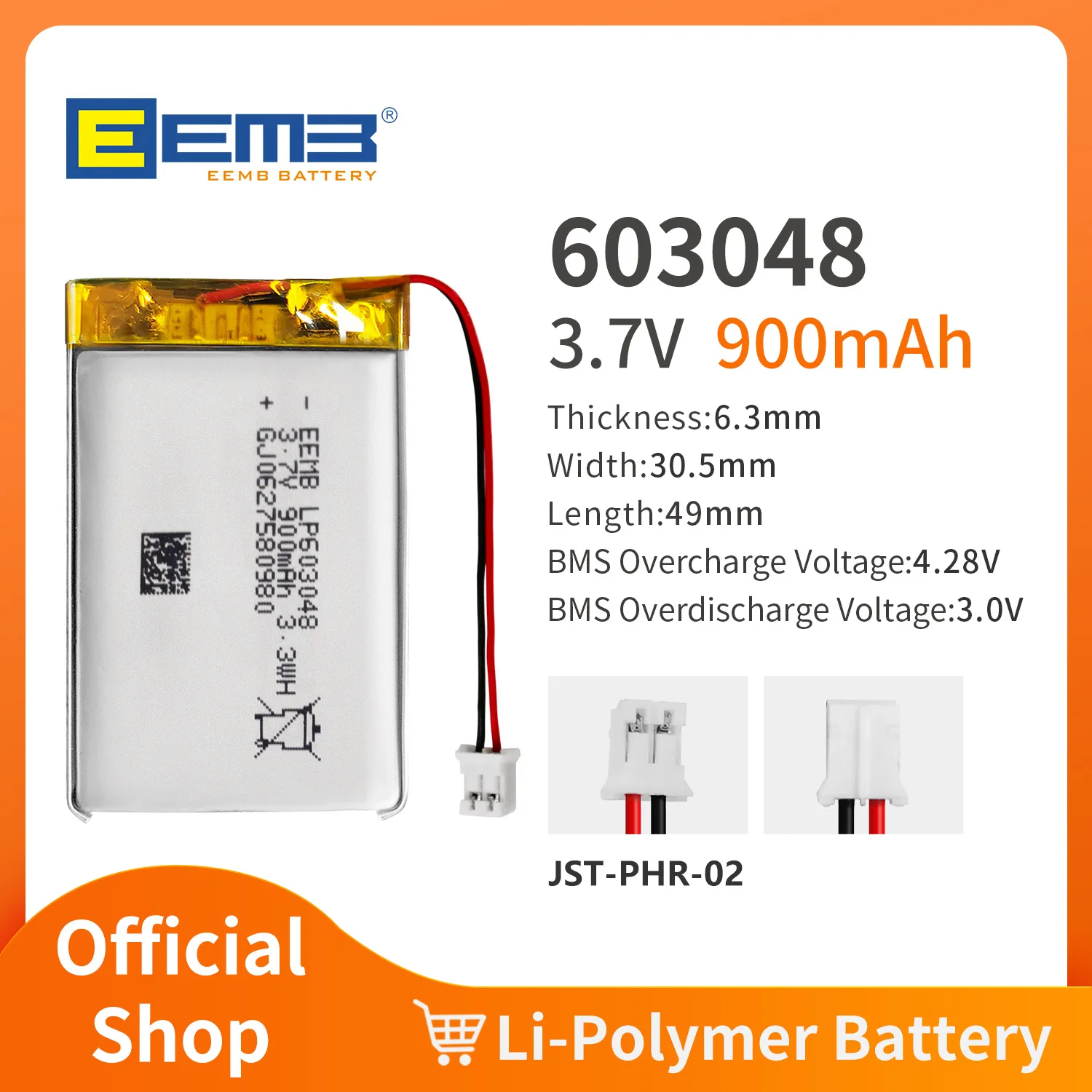 EEMB 603048/603436/603448/603449/603466/603560 3.7V rechargeable lithium polymer battery custom plug