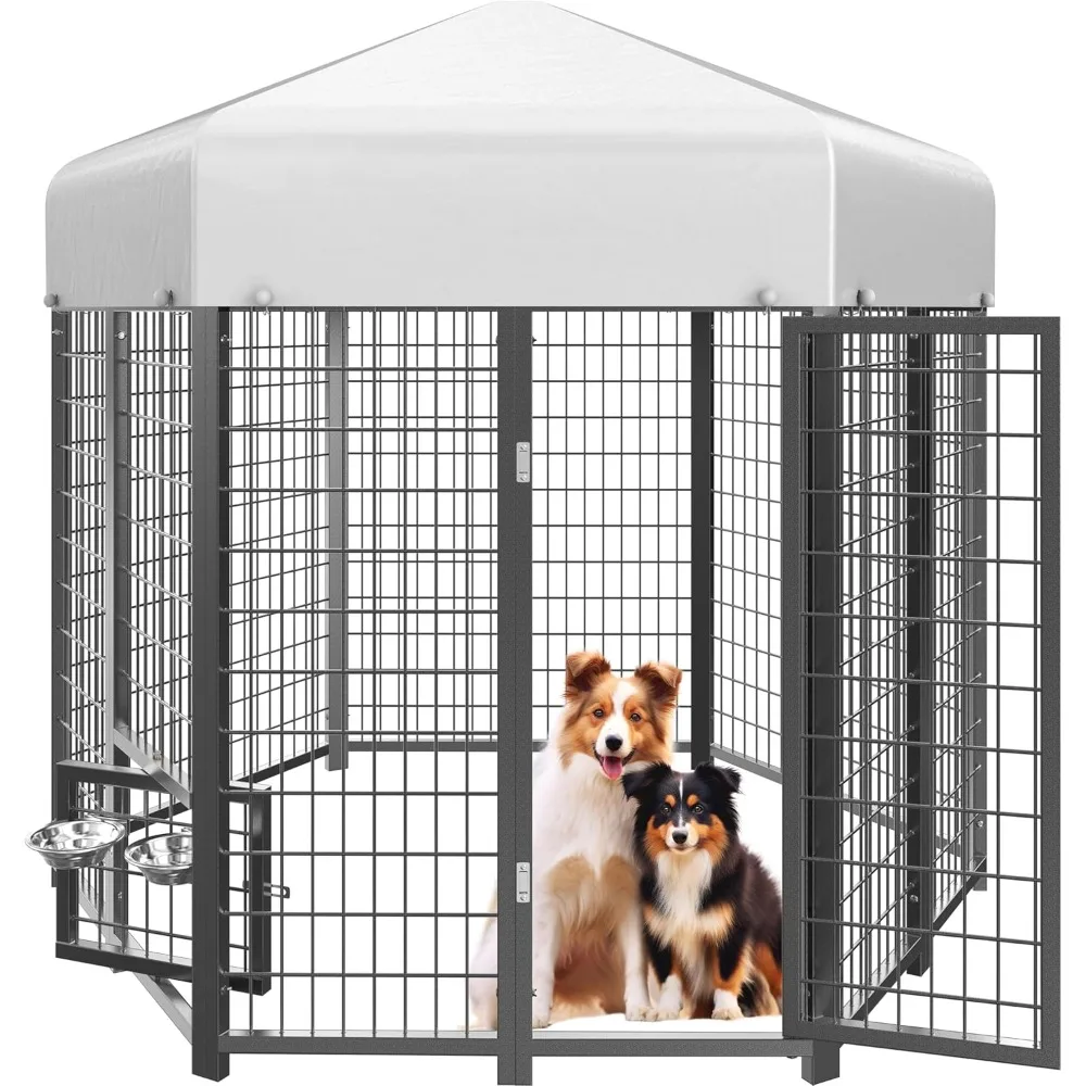 

SINO LUBAN Outdoor Dog Kennel Outside with Removable Small Door&360° Swivel Feeder -7x7x6.5FT Large Dog Kennels with Roof for La