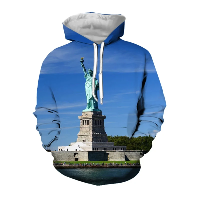 

USA Statue Of Liberty Graphic Sweatshirts Fashion America Architecture 3D Printed Hoodies For Men Clothing Casual Streetwear Top