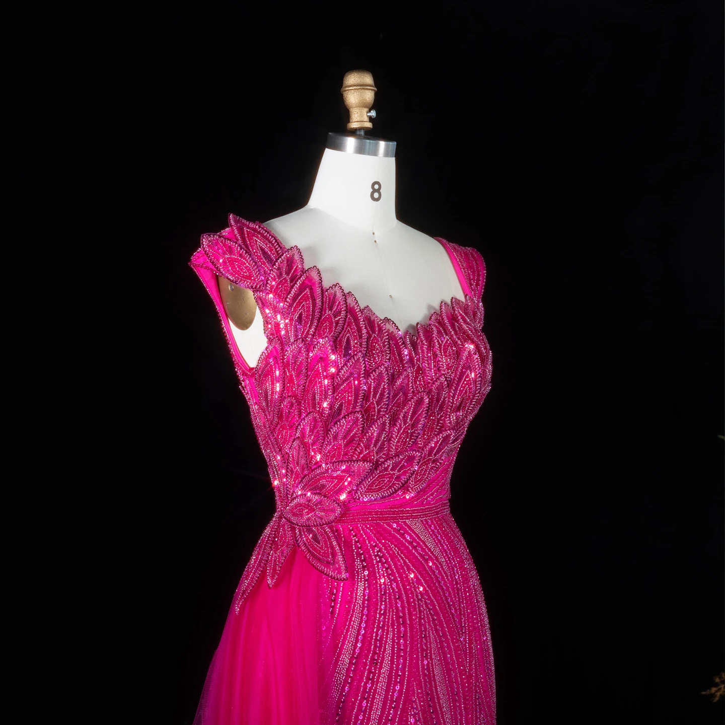 Sharon Said Fuchsia Abendkleid, schulterfrei, 3D-Blattstickerei, seitlicher Tüllfall, Meerjungfrauen-Schnitt, formelle Partykleider, SS106, maßgeschneidert – Detail 7