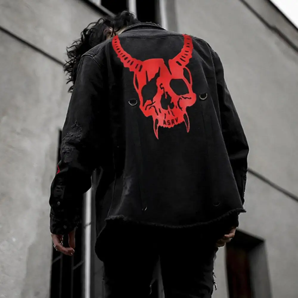 Gothic Style Denim Shirt Jacket, Distressed Skull Print Casual Outerwear