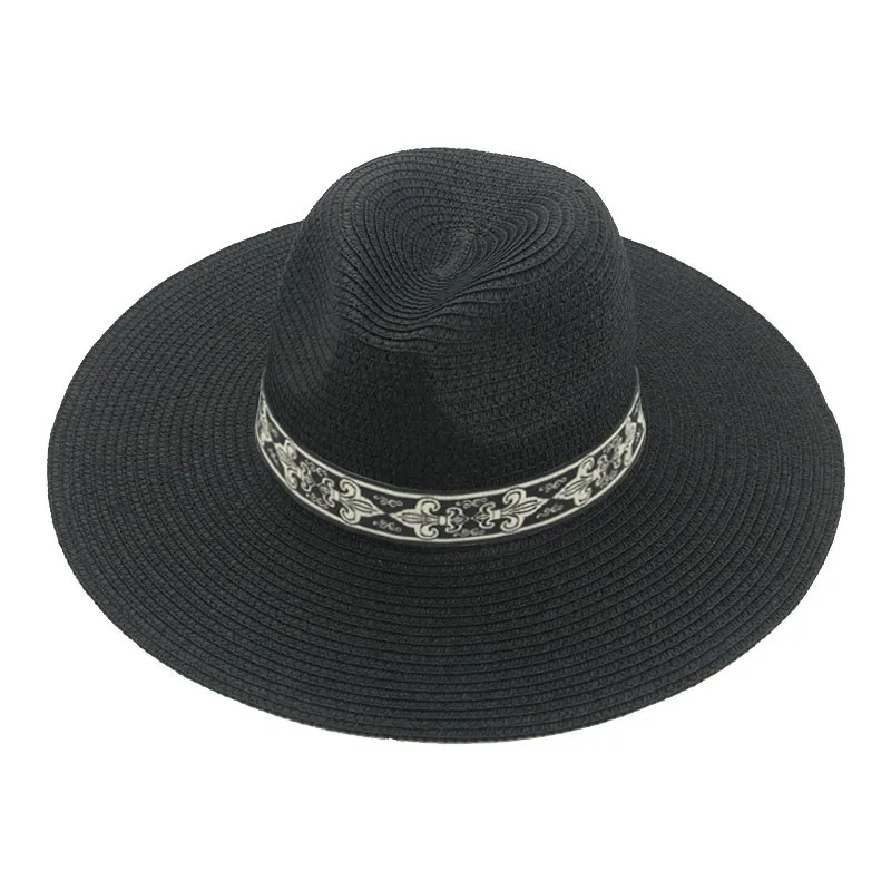 Hats for Women Summer Spring Sun Straw Big Brim 9.5cm Solid Khaki Black Band Casual Panamas Jazz Straw Hat Sombreros De Mujer