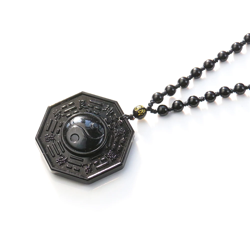 Obsidian Stone Taoism Necklace Black Pendant Chinese Tai Ji Ba Gua Octagon Long Sweater Chain Amulet Mascot Men Taoist Jewelry