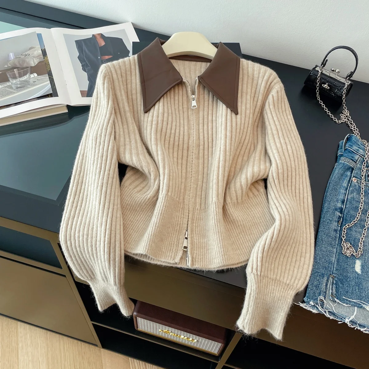 

Color Block Knitted Open Cardigan Women's Winter New Style Sweet And Spicy Anti-Aging Outerwear Self-Keeping Zipper Flip Collar