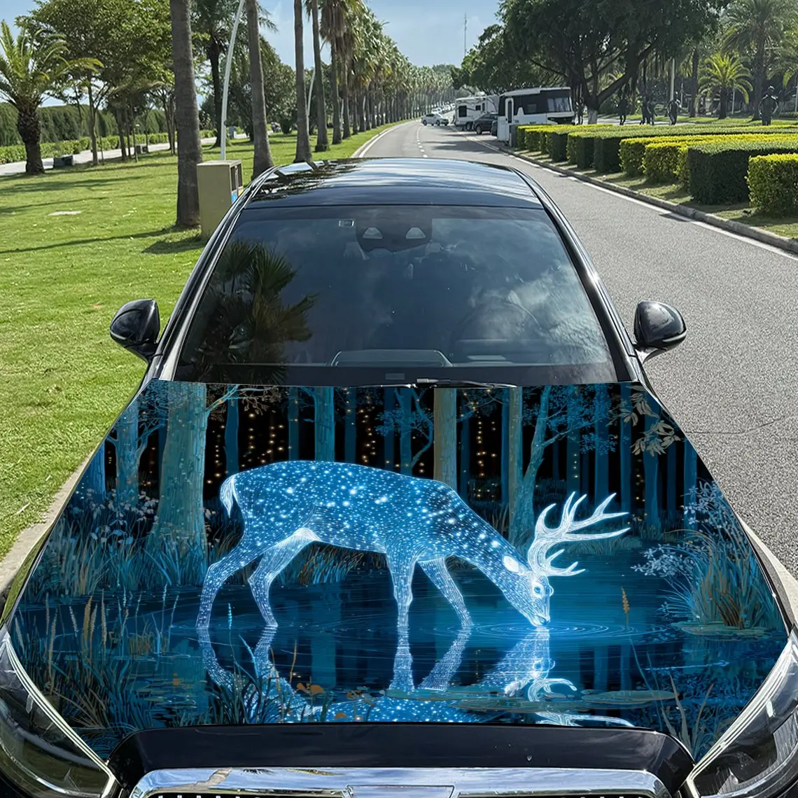 

Glimmering Spirit Deer Car Vinyl Wrap, PVC Material Waterproof Car Hood Sticker, Self-Adhesive Scratch-Resistant Stickers for En