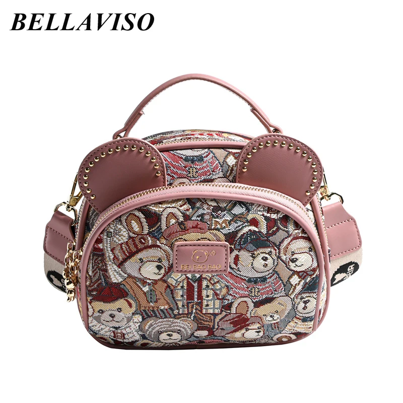 

BellaViso Cute Women's Canvas Crossbody Bag Female Lovely Summer Cartoon Bear Embroidered Portable Rabbit Shoulder Bags BLCR-23