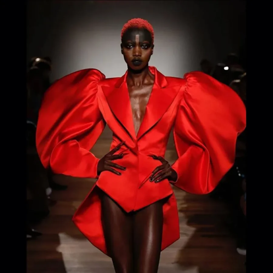

Customized Couture Red Asymmetrical Women Blazer Dresses Oversize Puff Sleeves Mini Women Dress To Party Costumes For Stage Show