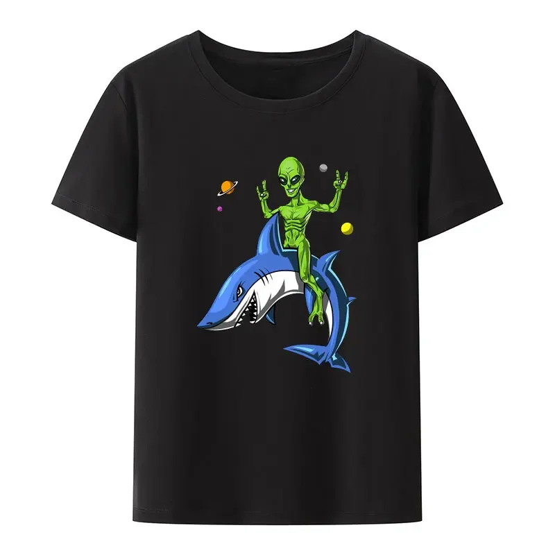 Espaço alienígena equitação tubarões clássico modal impressão camiseta legal de manga curta camisas masculinas roupas masculinas soltas respirável