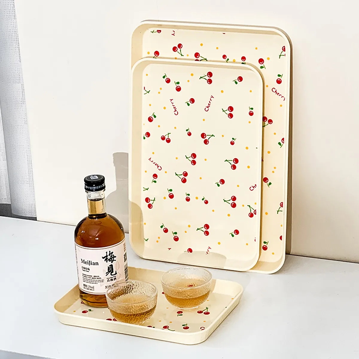 Rectangle Plastic Food Serving Tray Large Capacity Cake Dessert Fruit Plate Stackable Cherry Pattern Storage Tray For Kitchen