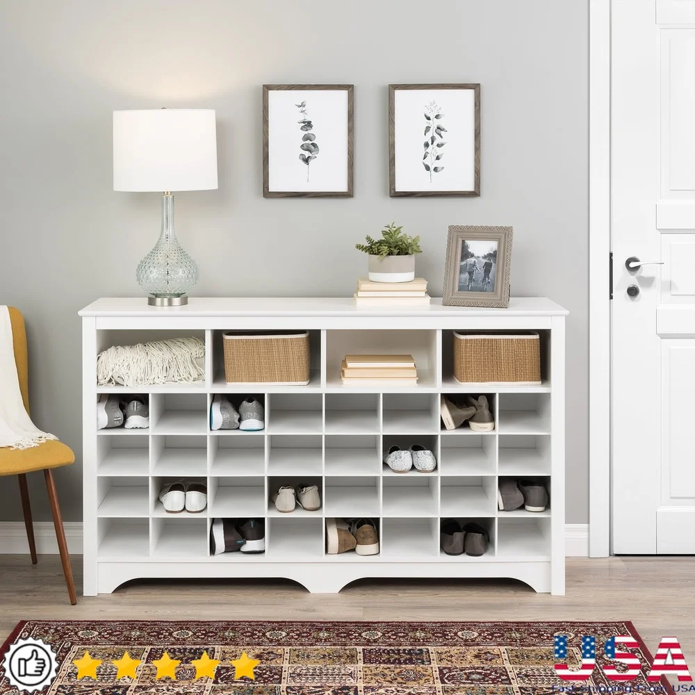 

Modern 60 Inch Shoe Storage Console with 32 Cubbies and 4 Large Compartments Indoor Organization and Versatile Use