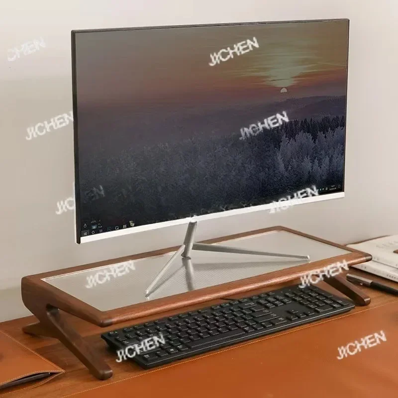 

Подставка для монитора из массива черного ореха JC с деревянной основой и стеклянной полкой для настольного компьютера