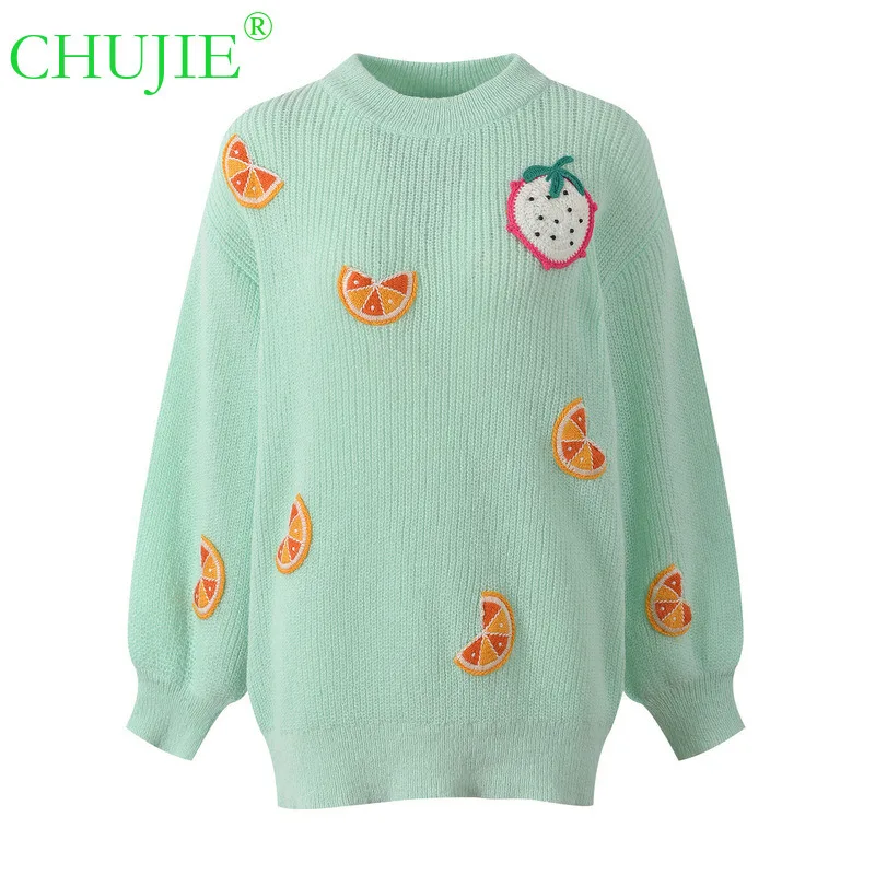 

CHUJIE 2022, осенний новый дизайн, нежный возрастной фруктовый вышивка, свободный мягкий пуловер с круглым вырезом, вязаный свитер, топ