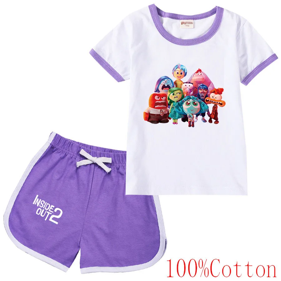 Summer Anime Inside Out 2 Clothes Cartoon Pajamas Cotton Short Sleeve TShirt + Shorts 2pcs Costume Girls Casual Sportswear Sets