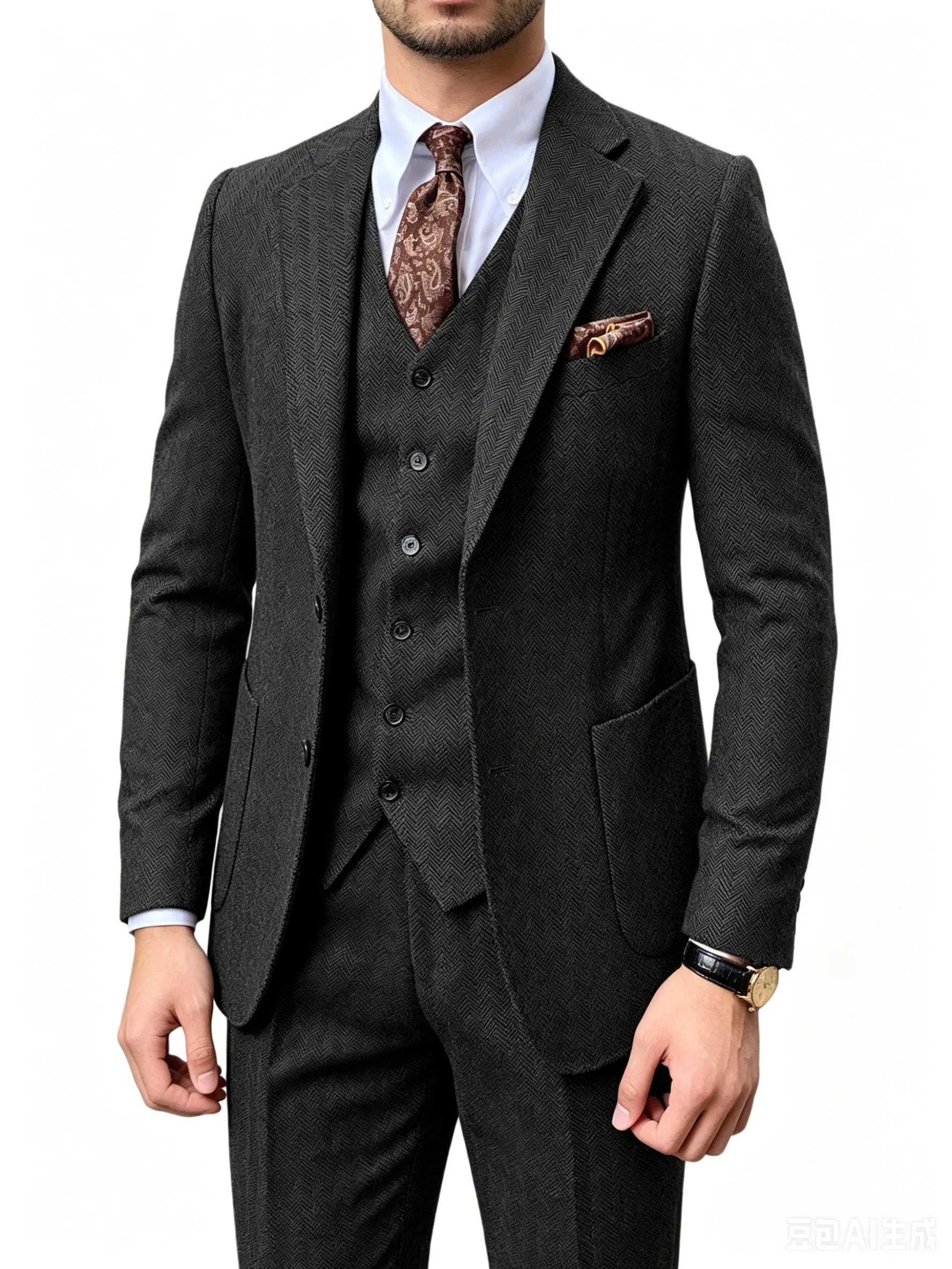 

Brown/Gray Men's Wool Tweed Slim Fit 3 Piece Suit Winter Formal Herringbone Business Groom Tuxedo Male Jacket Vest Pants Set
