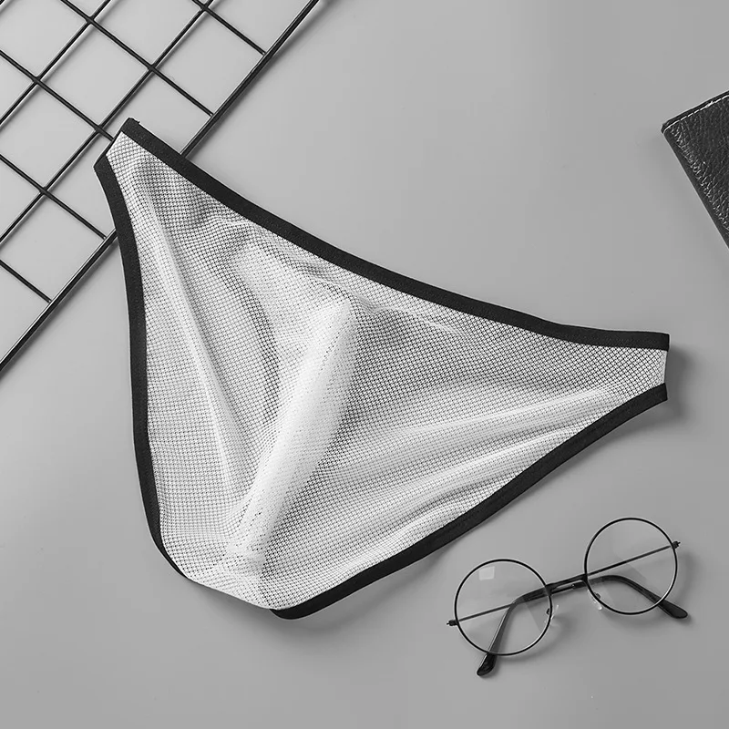 Men's Sexy Brief Underwear Gay Erotic Low-rise U Convex Pouch Panties Mesh Breathable Quick Dry Contrast Color Transparent Tanga