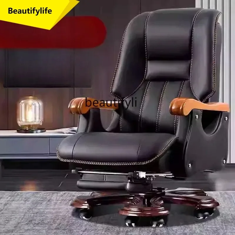 

Business Genuine Leather Executive Chair Reclining Solid Wood Office Cowhide President Chair Comfortable Long Sitting Boss C K18