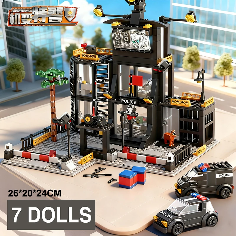 SWAT Police Station militaire ville modèle ensemble Prison voiture policier bateau figurines modèle blocs de construction bricolage jouet pour enfants garçons cadeau