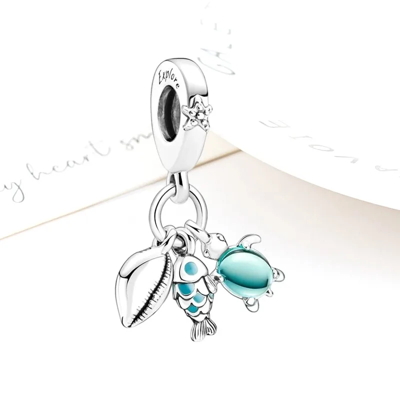 جديد غرامة الأزرق المحيط سلسلة خرزة ساحرة زجاج مورانو الدلافين السلاحف البحرية نجم البحر صالح الأصلي 925 الفضة سوار DIY بها بنفسك مجوهرات هدية