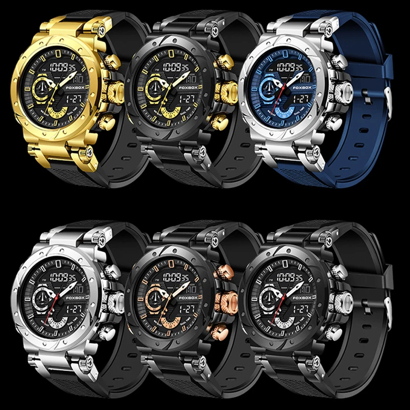 FOXBOX Merk Sport Horloges 50M Wateproof Dual Time Display Horloges LED Stopwatches Alarm Multifunctionele heren Horloges