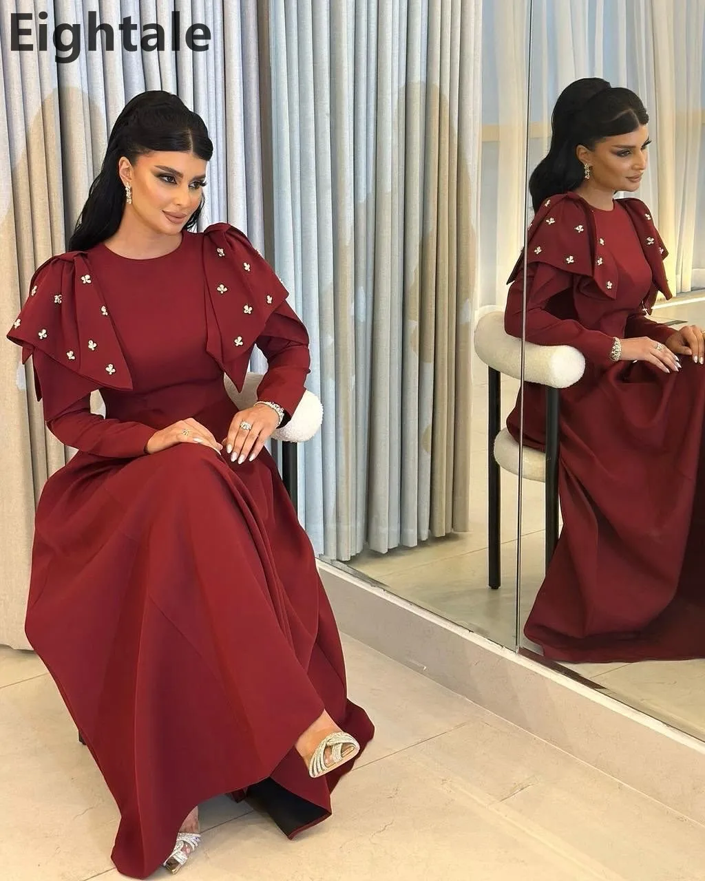 Eightale 2025 A Line Abito da sera in raso bordeaux Manica lunga O Collo Abito da ballo Abito da festa arabo saudita personalizzato