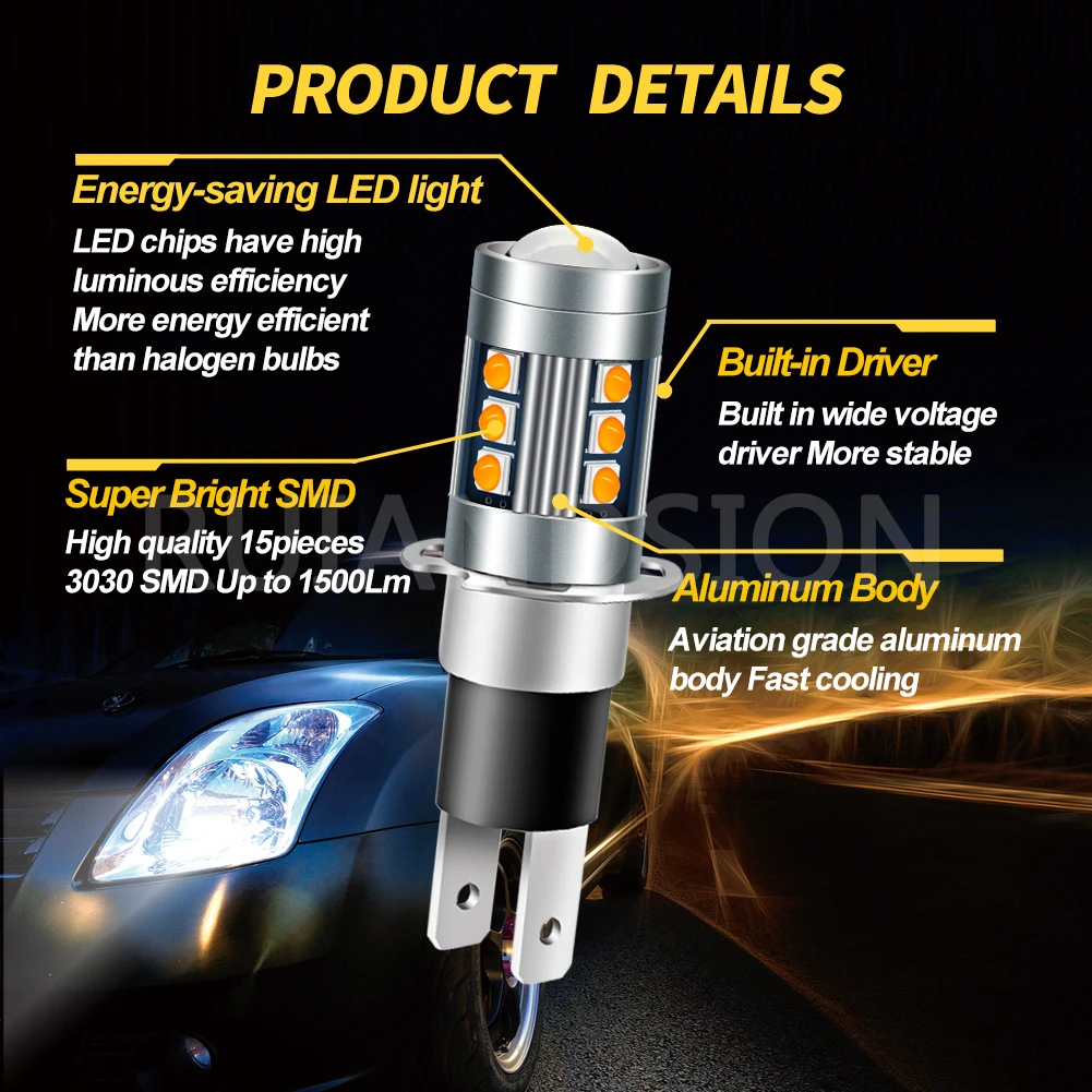 Ruiandsion 2PCS H3C Super Bright Car Lights Fog Lamp 1500LM Day Driving Running Bulb White 12V 24V 6000K Yellow 6.6W