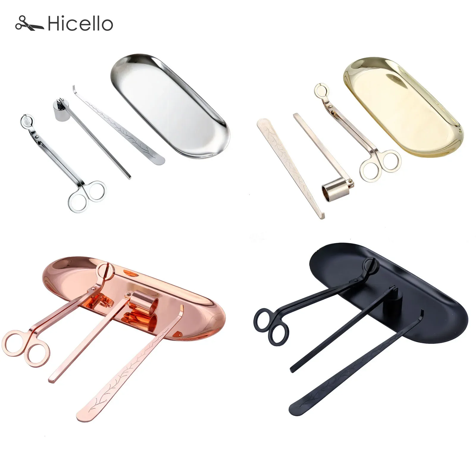 4pcs/set Candle Snuffer Trimmer Hook Tray Luxury Stainless Steel accessory Wick Holder Scissors Home Decoration Rose Gold Silver