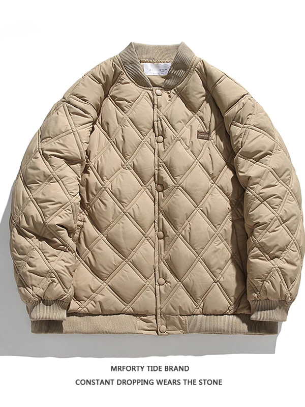 

American Sle Men's Winter Cotton Jaet Loose Diamond Patterned Student Faion Urban Warm Thiened Zipper Decorated Coat