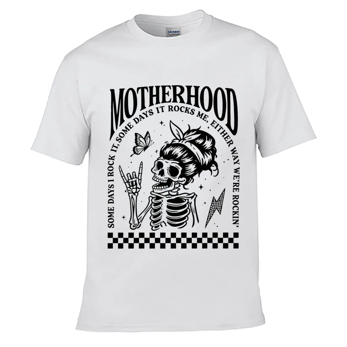 Motherhood Some Days It Rocks Me Either Way Were Rockin Skeleton Street Loose Simple Tee