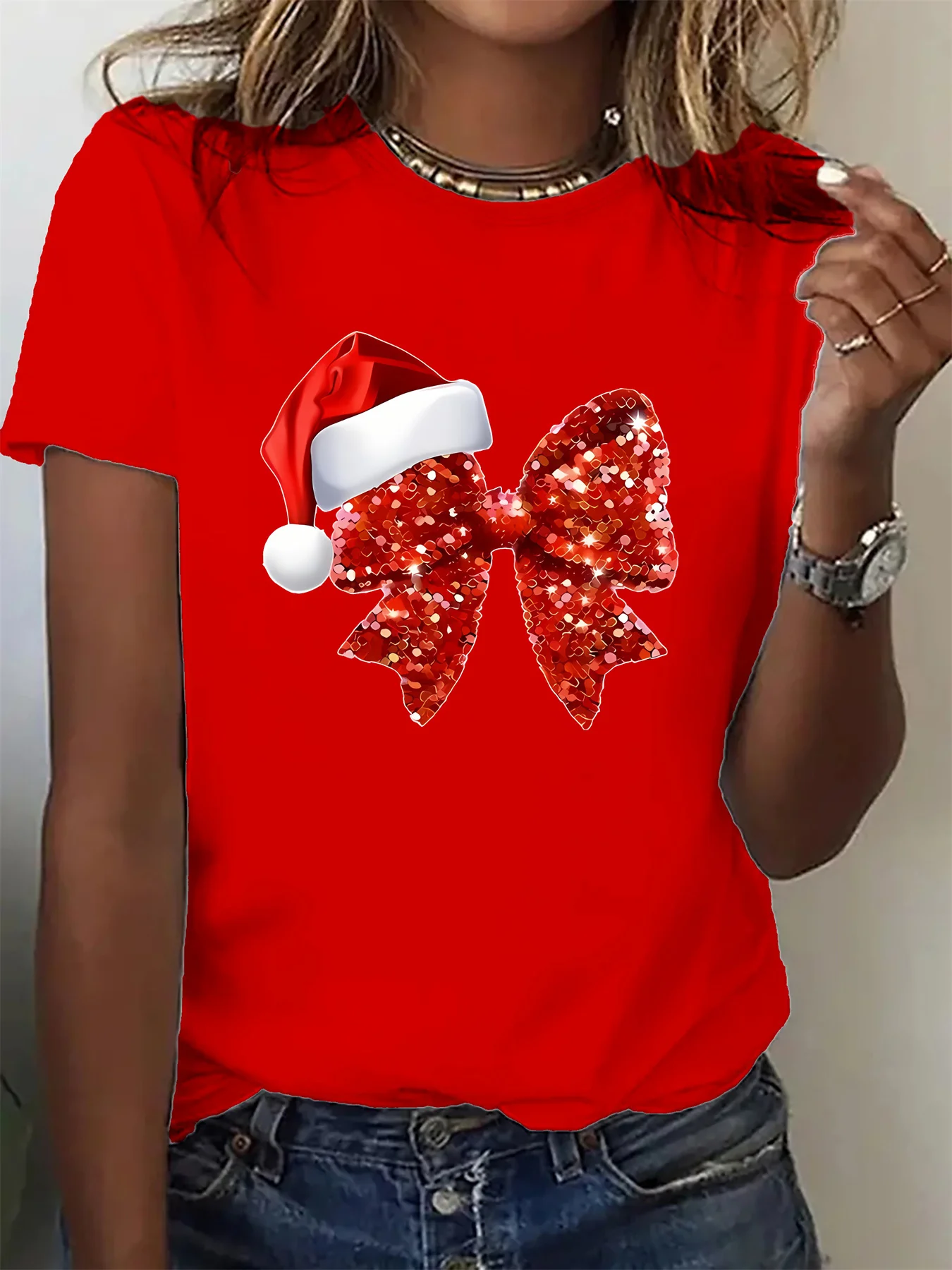 Cotton 100% Women O Neck T Shirt Sequin Bow Santa Hat Print Short Sleeve Casual Ladies Christmas Holiday Fashion Tees Tops