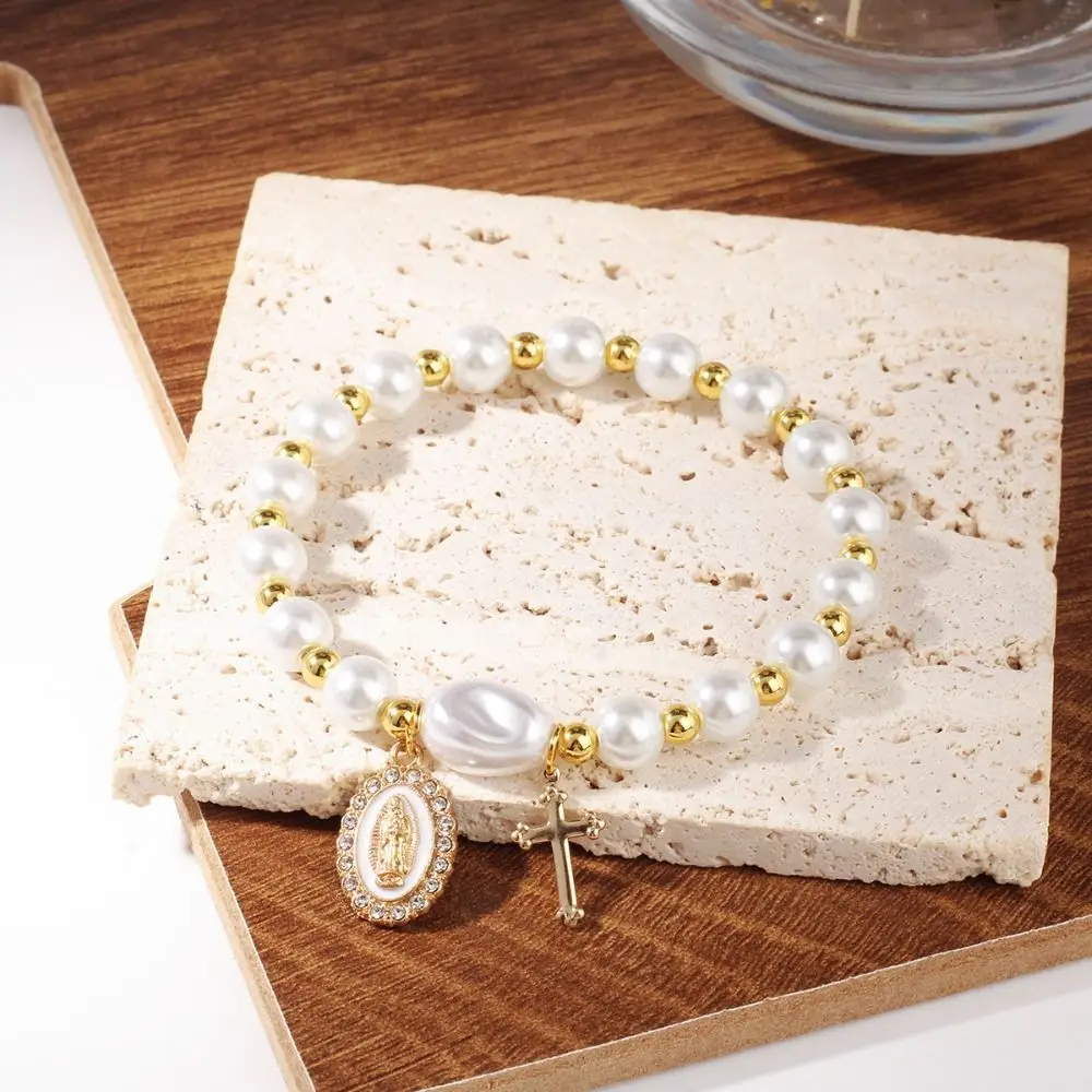 New Chinese Style Blue and White Porcelain Bracelet Bow Colorful Elastic Beads Bracelets Cross Pendant Silver Women Bangle
