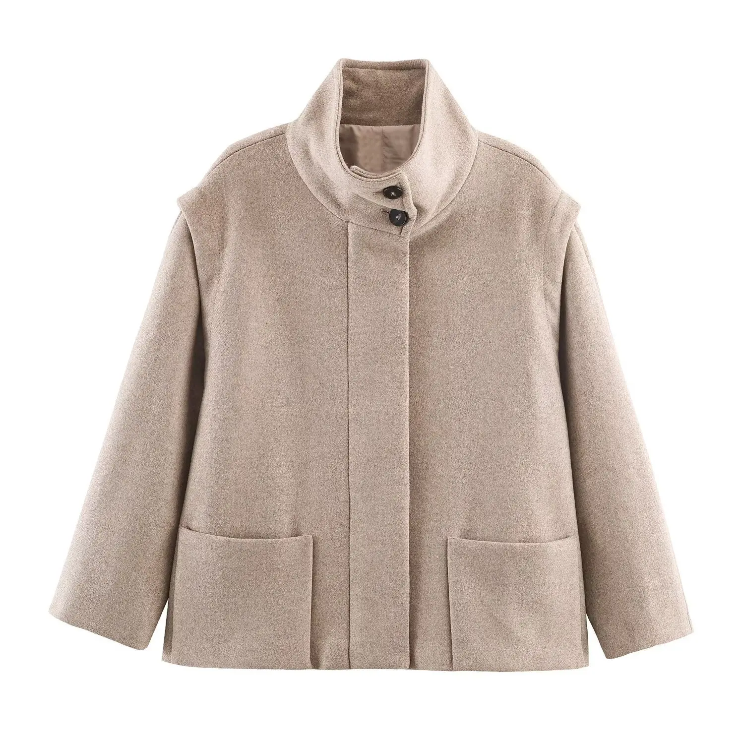

KIDCRKJ Khaki Women Spring Woollen Coat Stand Collar Spliced Big Pockets Button Lady Outwear Versatile Minimalist Female Jacket