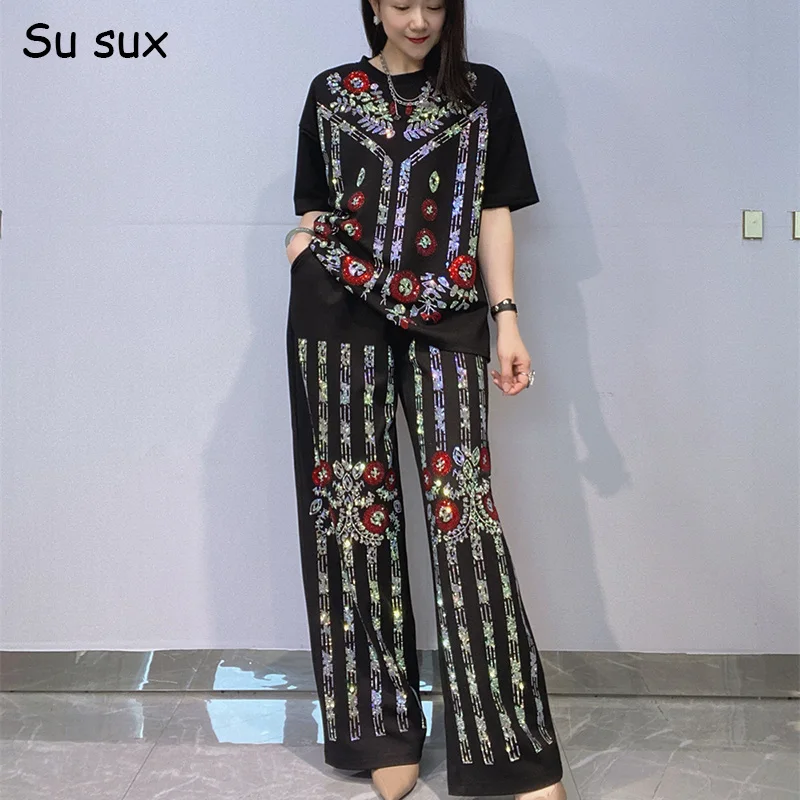 

2026 Summer Sequins Flower Short Sleeve T Shirt & Wide Leg Pant Sets Woman 2 Piece Outfits Casual Matching Sets Bust118cm