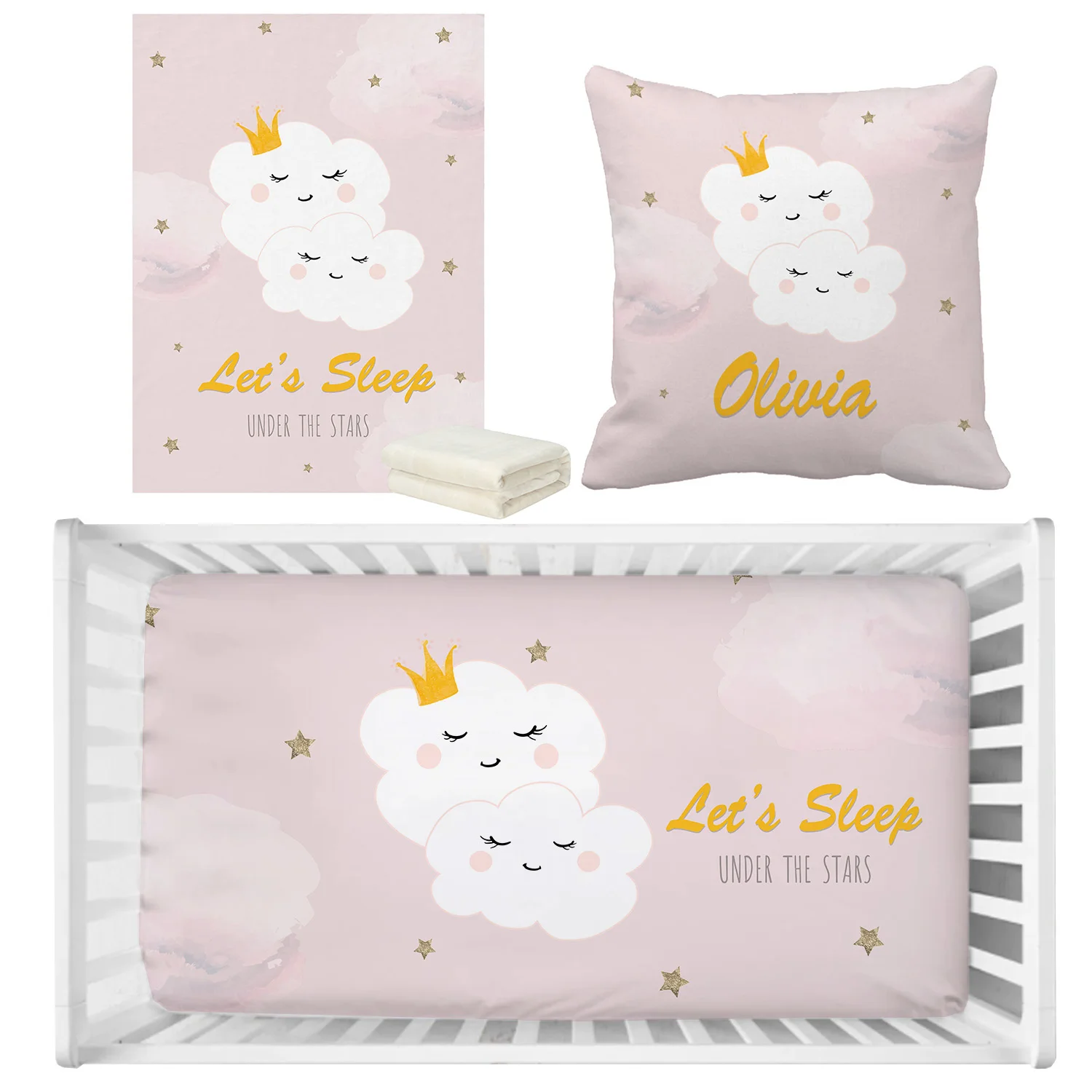 LVYZIHO Baby Girl Crib Bedding Set, Let's Sleep Under The Stars Custom Name Bedding Set, Baby Shower Gift Bedding Set