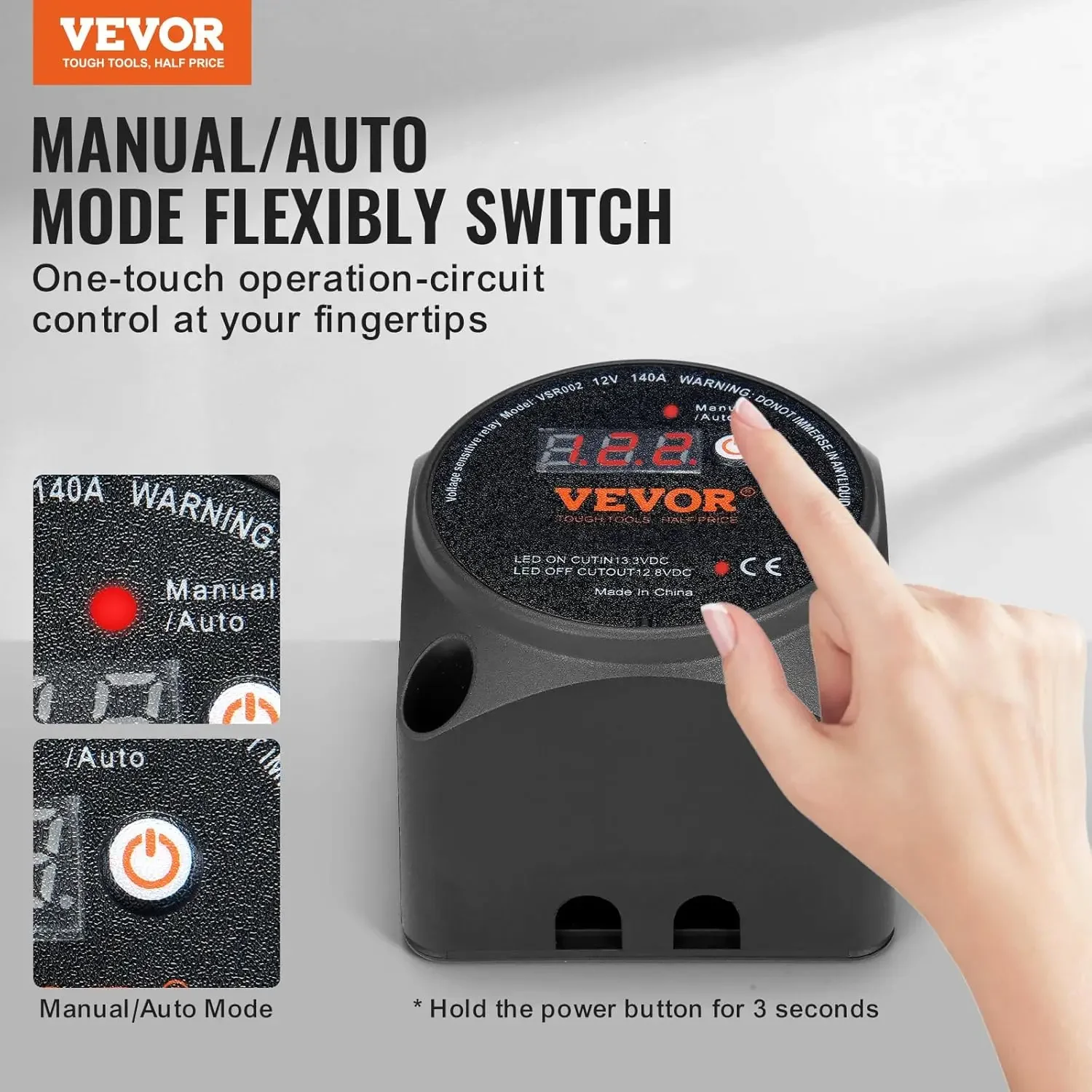 Dual Battery Isolator Kit, 12V 140Amp, Manual and Auto Modes VSR Voltage Sensitive Relay with LCD Screen, Smart Battery Isolator