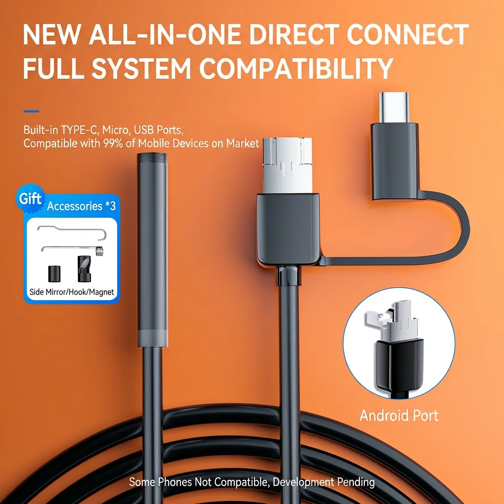 8mm HD Sewer Industrial Endoscope Waterproof Piping Endoscopy Type C Mini Camera 3 in 1 Automotive Borescope for Android