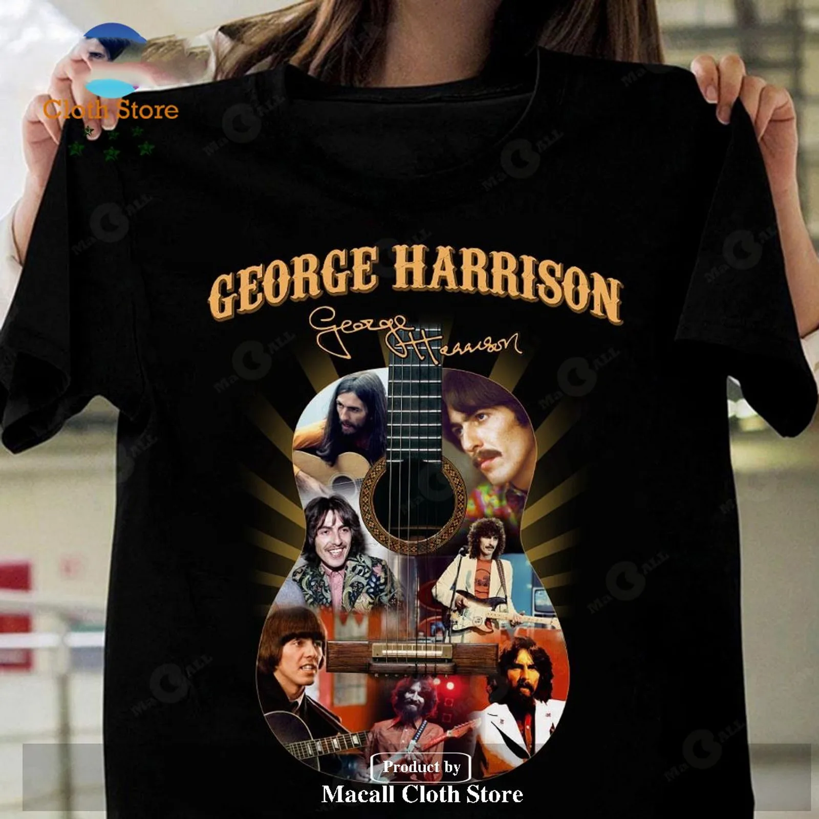 Camiseta clássica unissex com assinatura de guitarra George Harrison S-3XL