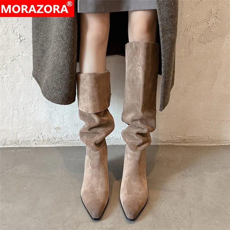

MORAZORA Size 34-41 Cow Suede Knee High Boots Women Pointed Toe Square Low Heels Autumn Winter Western Boots Ladies Long Boots