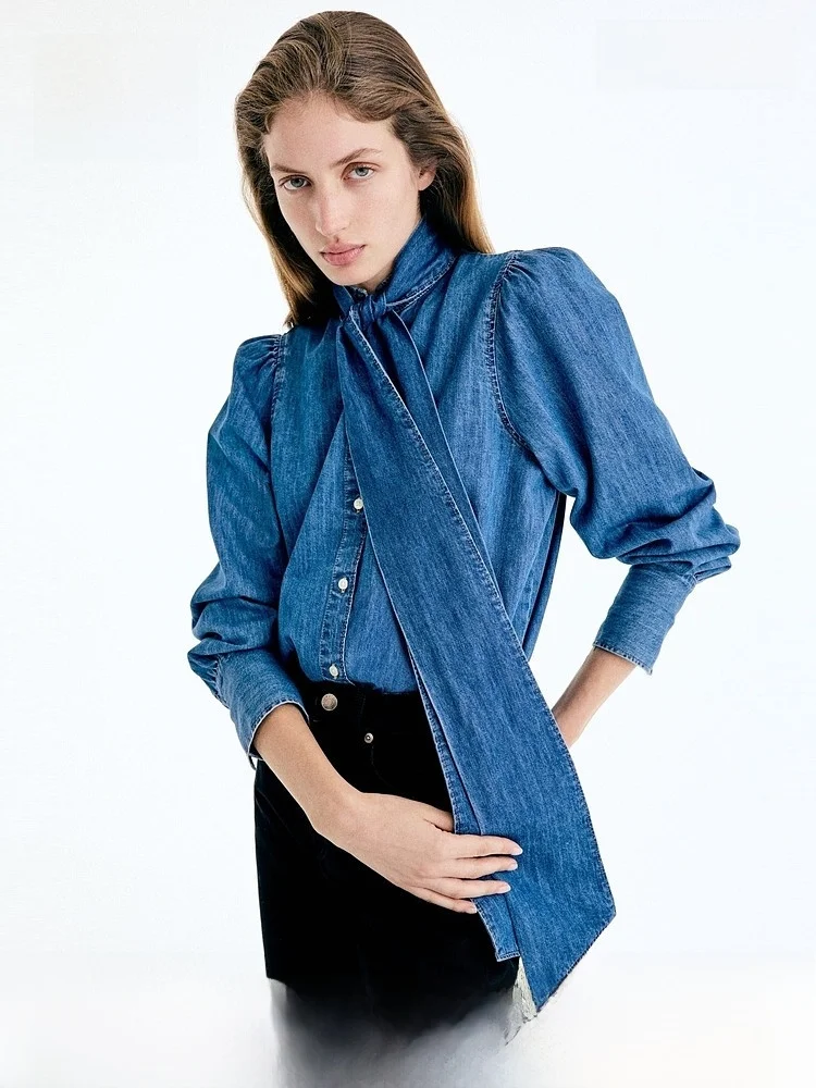 

H&M Women's Shirt Casual Style Pure Cotton Long Sleeve Button up Stand Collar Fashionable Design Summer New Arrival 2026