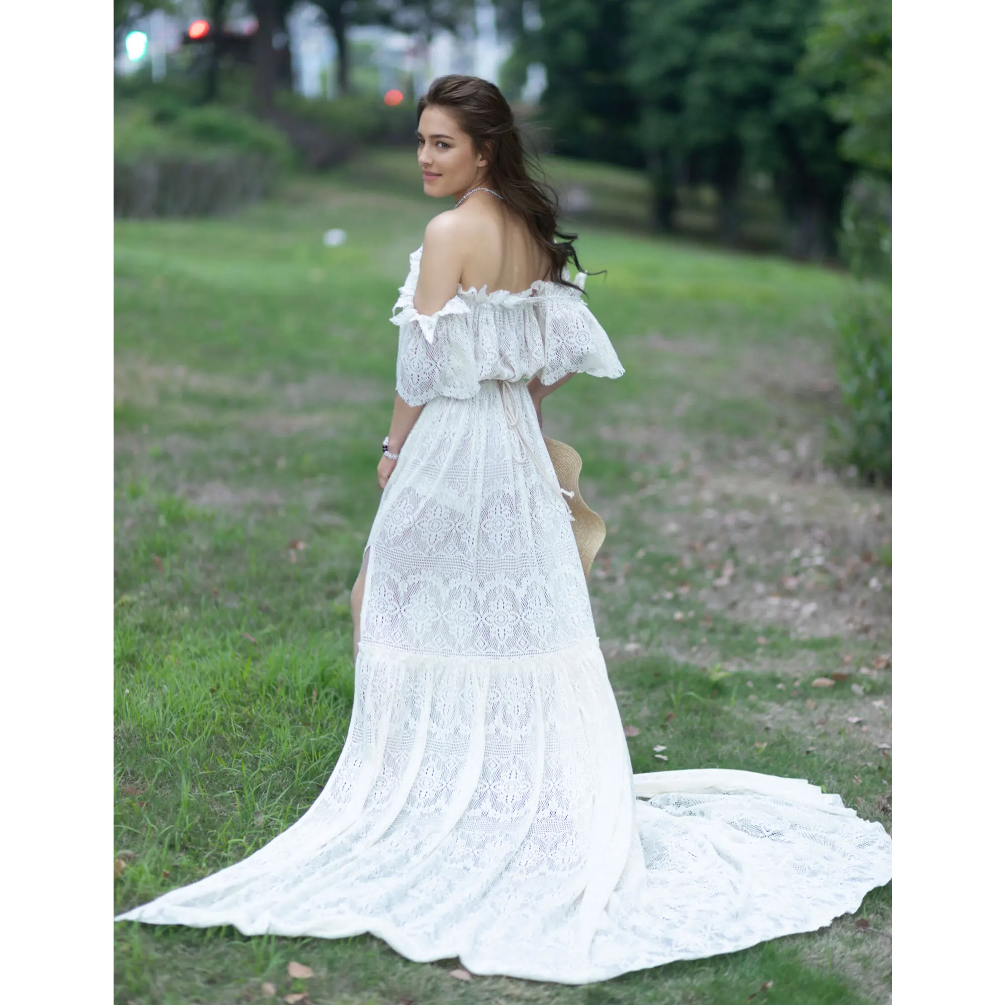 

Don&Judy Bohemian Lace Top And Skirt Maternity Dress for Photography Party Wedding Gown Boho Pregnancy Women Photo Shoot Outfit