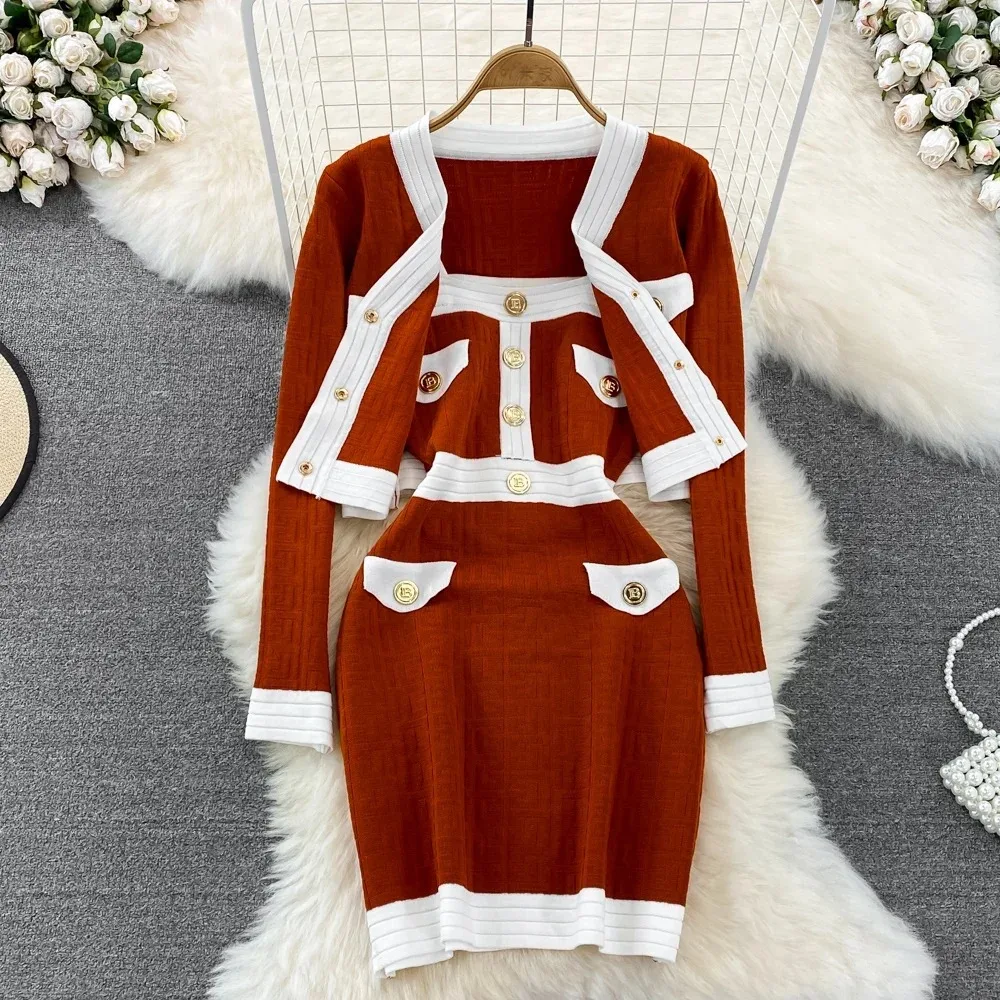 Women Elegant Knit Two Pieces Sets Sweater Vintage Long Sleeve Cadigan and Stretch Tight Sundress Sets Autumn Winter Wrap Dress