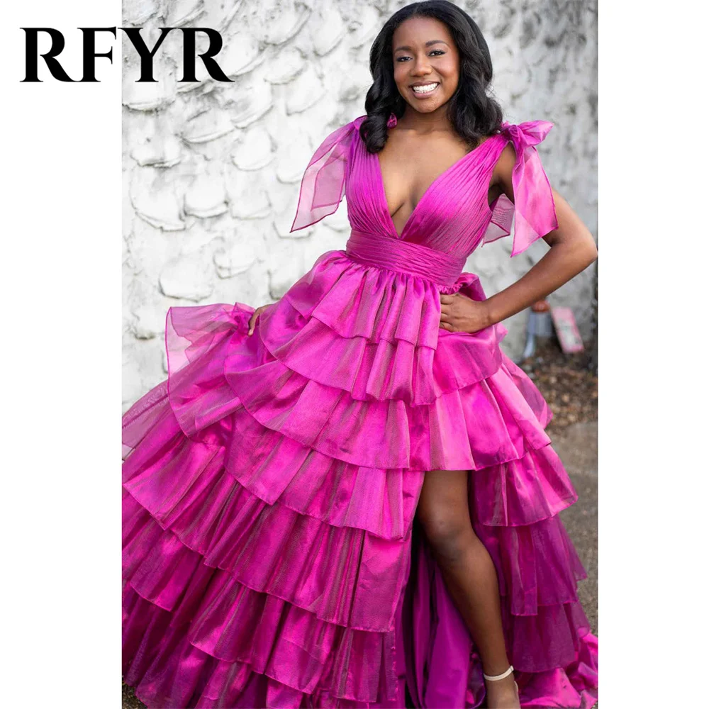 RFYR Pink Evening Dresses Plunging Neck Sleeveless Party Dress Ribbons Tiered Ruffles Prom Dresses Sexy Open Back Robe De Soiree