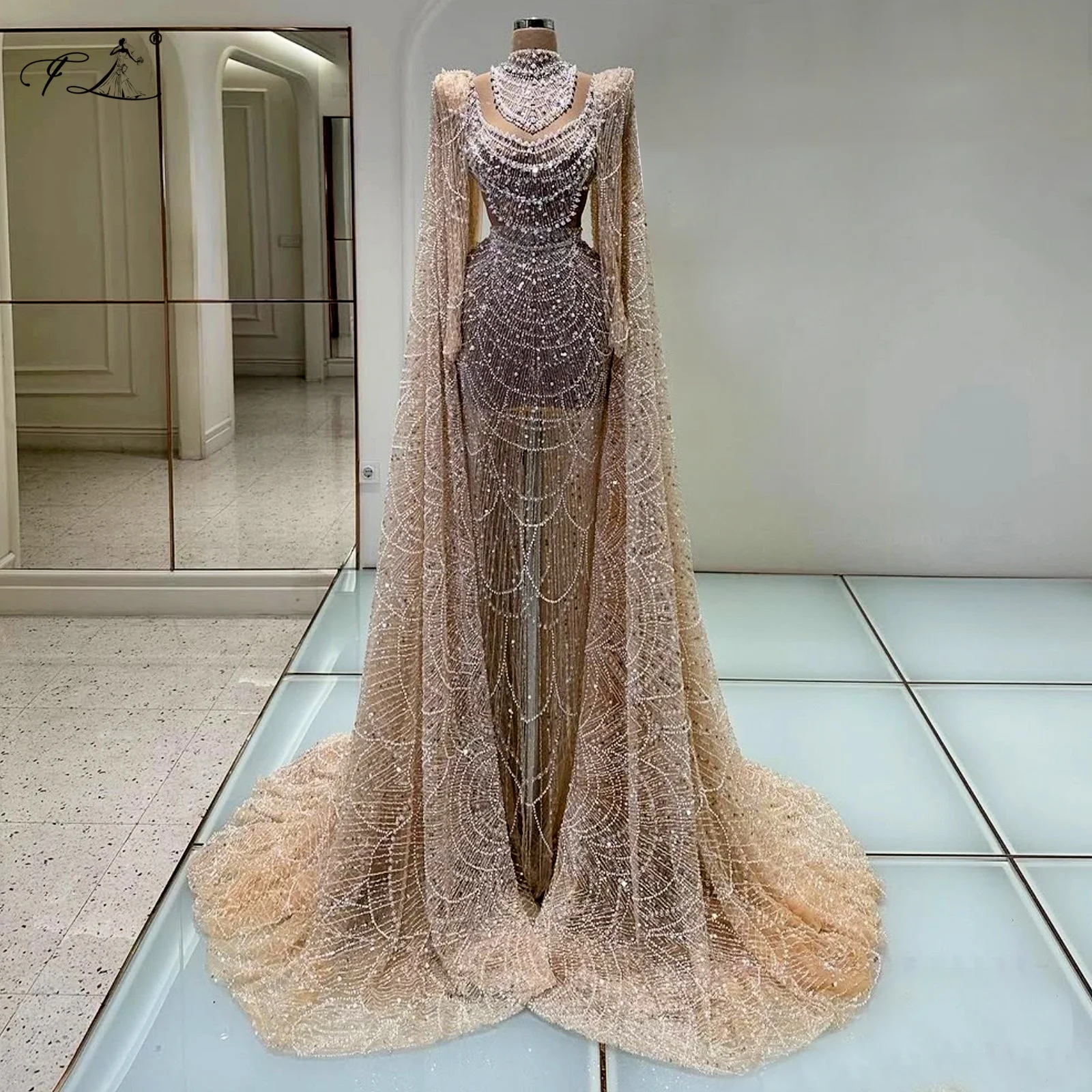 

Новый стиль, накидка со шлейфом, вечернее платье с жемчугом и кристаллами, тюлевое длинное платье, коктейльное вечернее бальное платье с вырезом на заказ