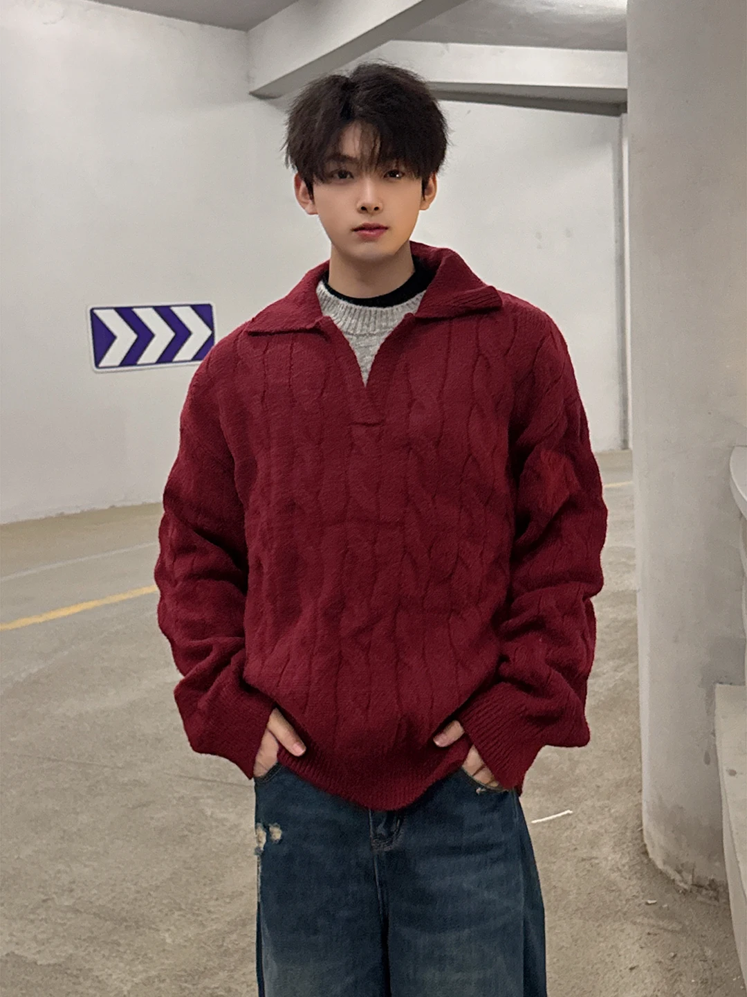 

New Year Red Fake Two-Piece Men's Knitwear Winter American Ne Base Sweater Flax Pattern Inner Wear Top Soft Loose Fit