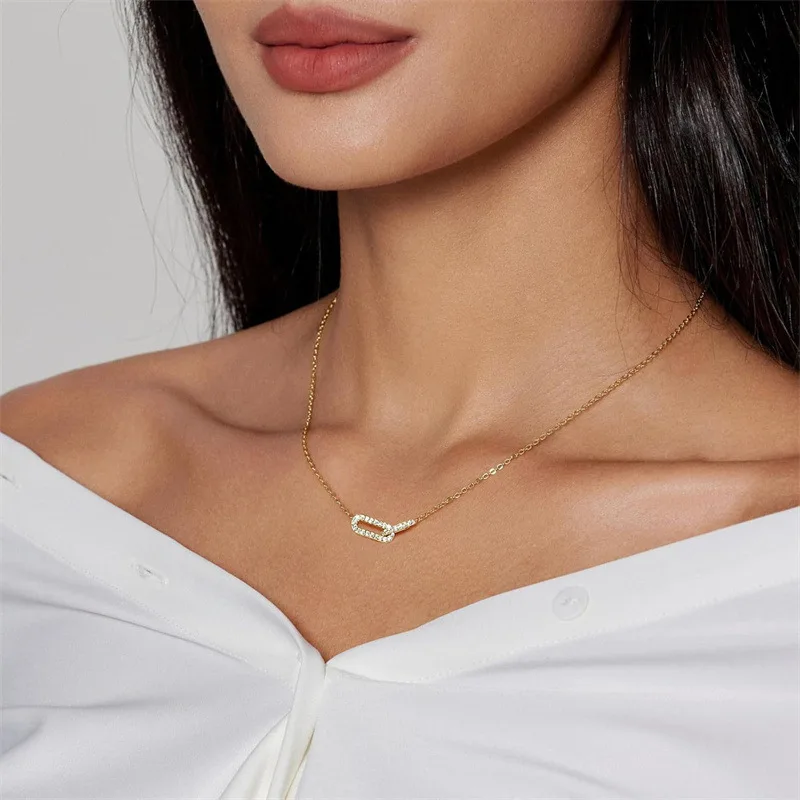 New Fashion Minimalism Paper Clip Inlay Zircon Pendant Necklace for Women Geometry Luxury Necklace Charm Elegant Jewelry