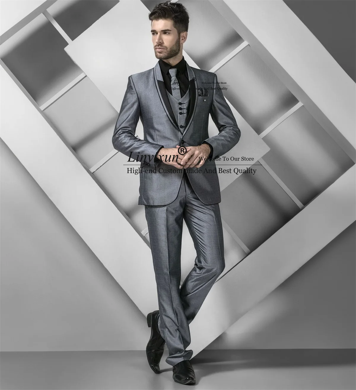 

Formal Gray Suits For Men Shawl Lapel Groom Wedding Tuxedos 3 Pieces Sets Bridegroom Blazers Slim Fit Terno Masculinos Completo