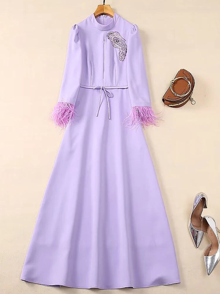 Extravagant Catwalk Ladies High Quality Spring Autumn Fashion Party Red Purple Feather Sequin Slim Fit Sweet Gorgeous Long Dress