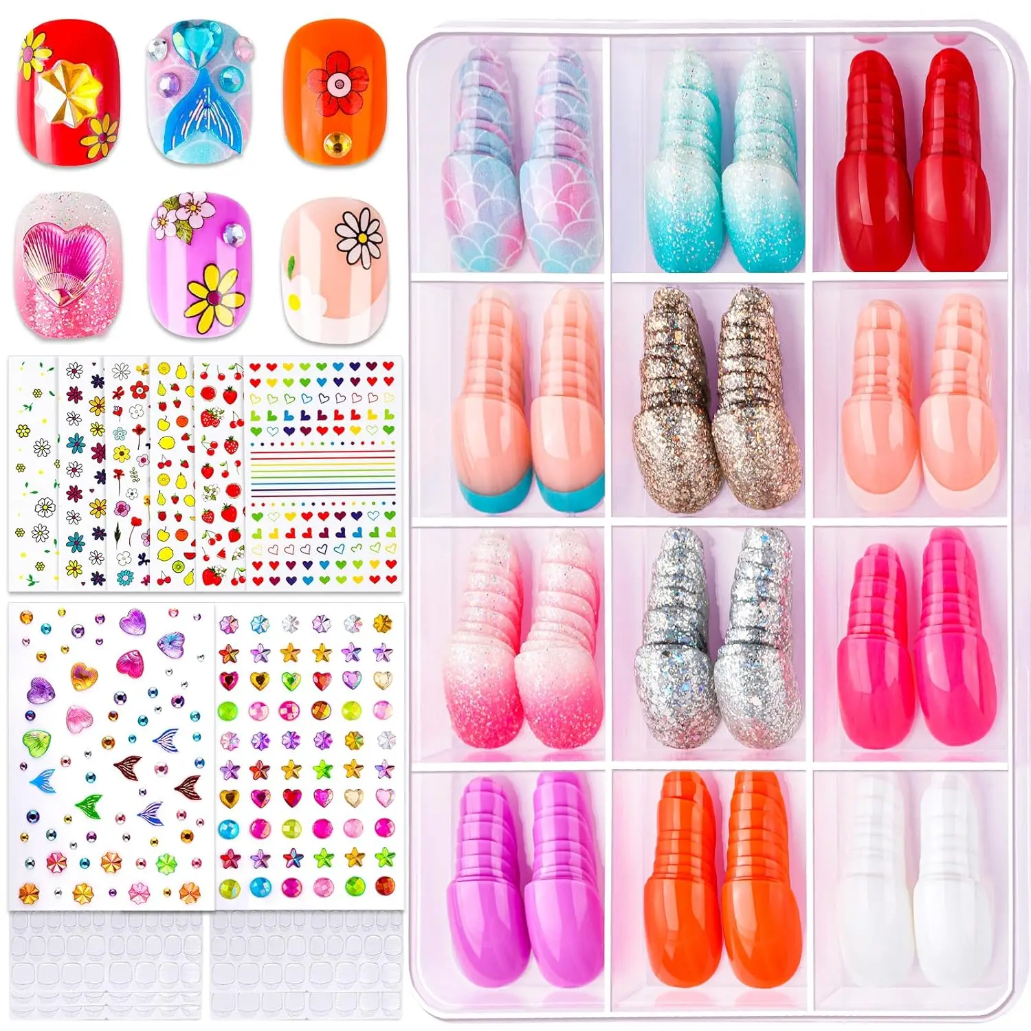 

12 Style Press On Nails for Kids, 6 Sheet Nail Stickers, 3D Rhinestone Stickers, Nail Art Kit for Girls