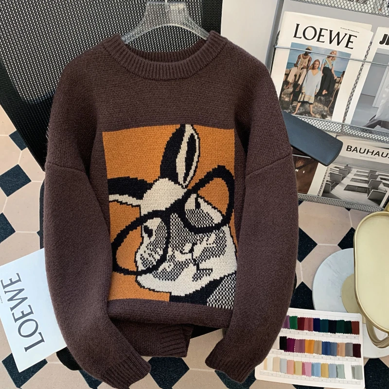 

Maillard Style Fun Rabbit Jacquard Soft Glutinous Knitted Sweater Autumn Winter Retro Lazy Loose Versatile Thick Sweater Women
