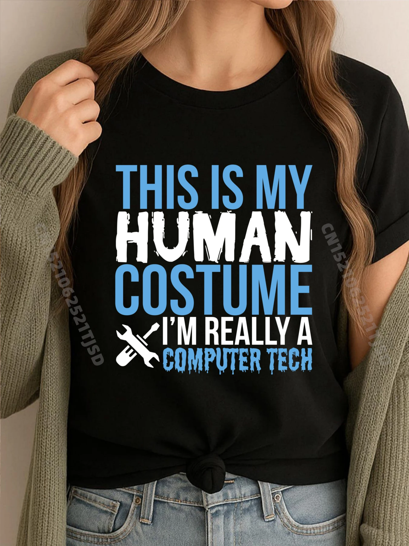 

Хэллоуин This Is My Human Костюм Компьютерная техническая кремовая футболка Женская стираная футболка для женщин